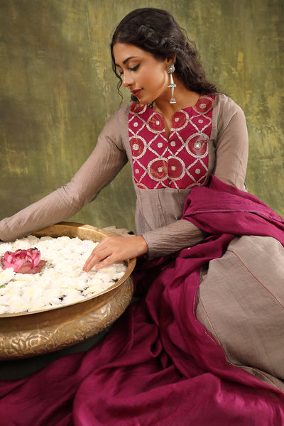 Grey Hand Embroidered Brocade Patch Silk Chanderi Suit Set