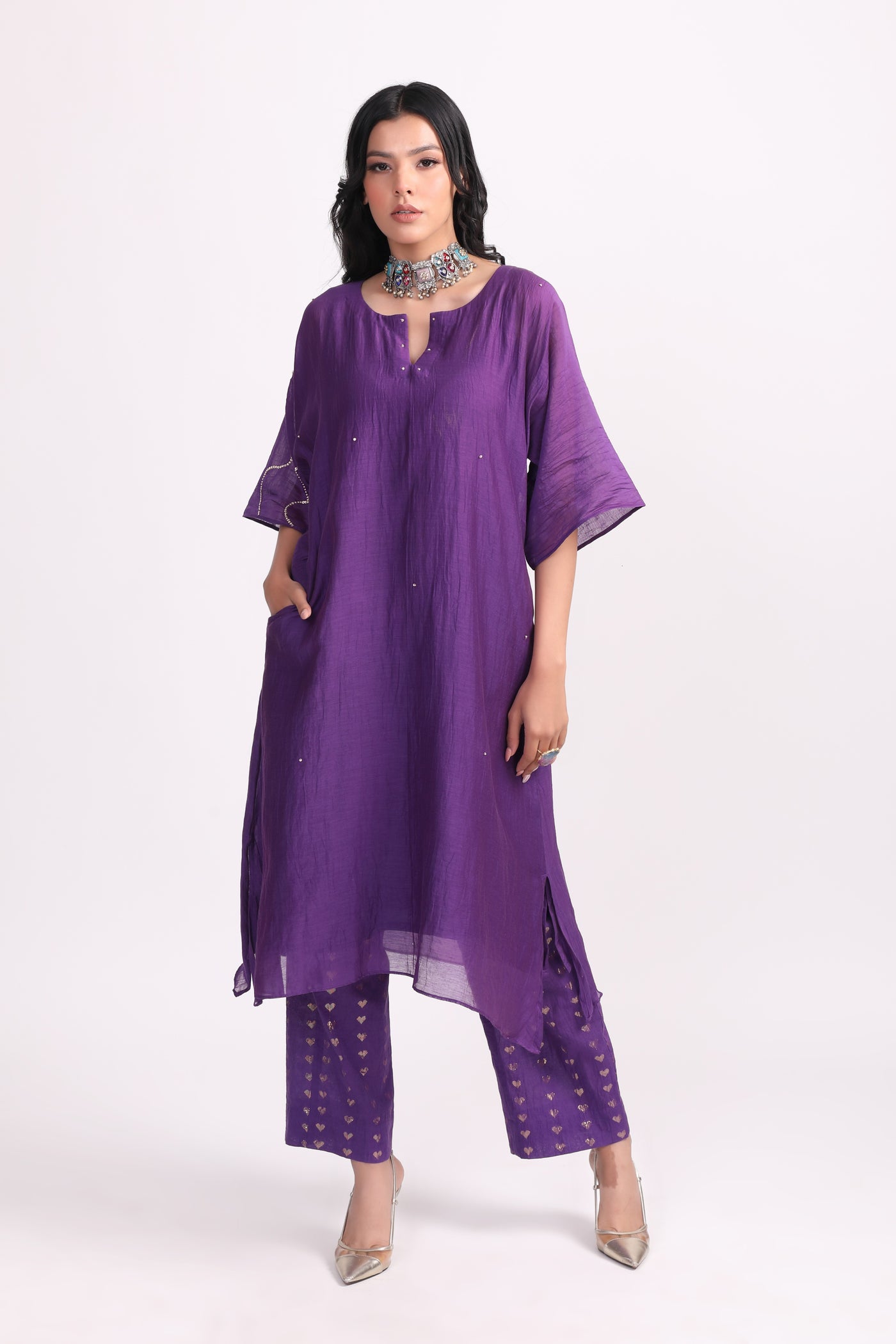 Purple Hand Embroidered Chanderi Kurta Set - Set of 2