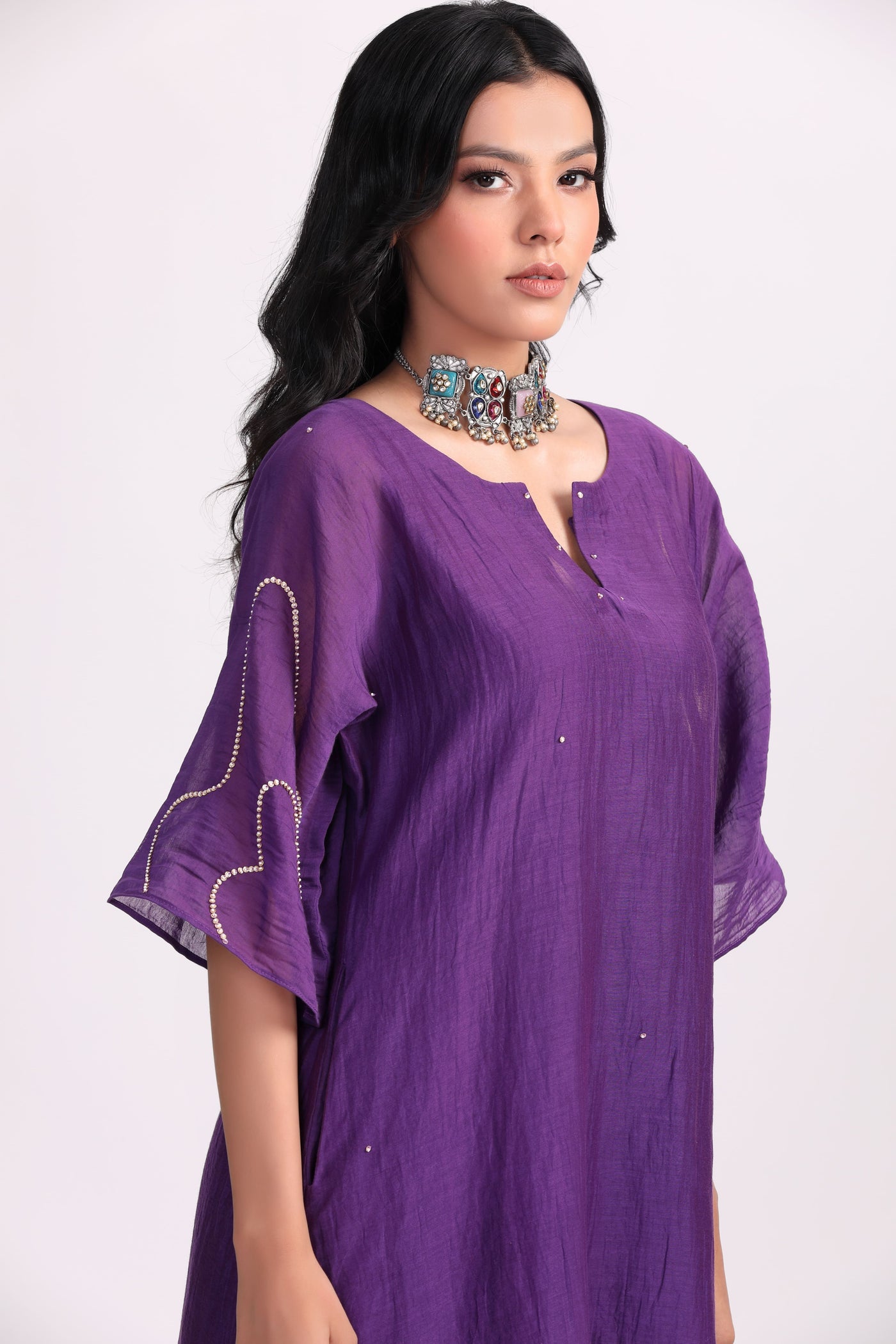 Purple Hand Embroidered Chanderi Kurta Set - Set of 2