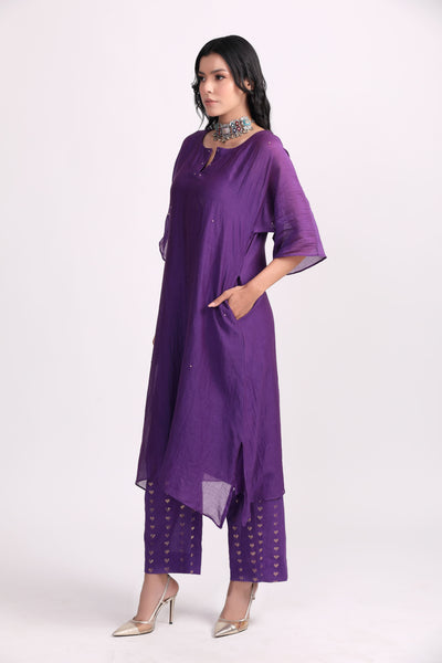 Purple Hand Embroidered Chanderi Kurta Set - Set of 2