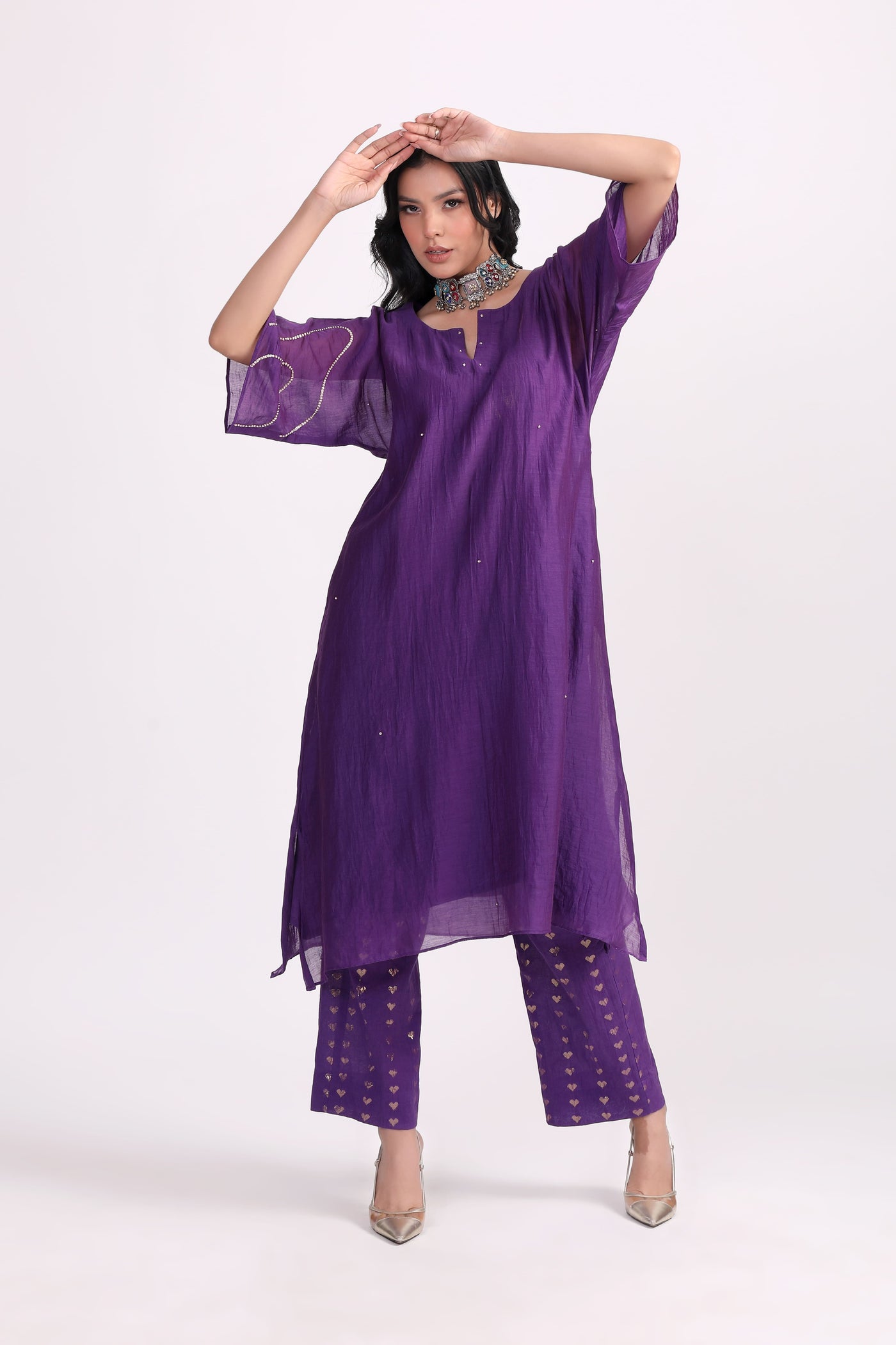 Purple Hand Embroidered Chanderi Kurta Set - Set of 2