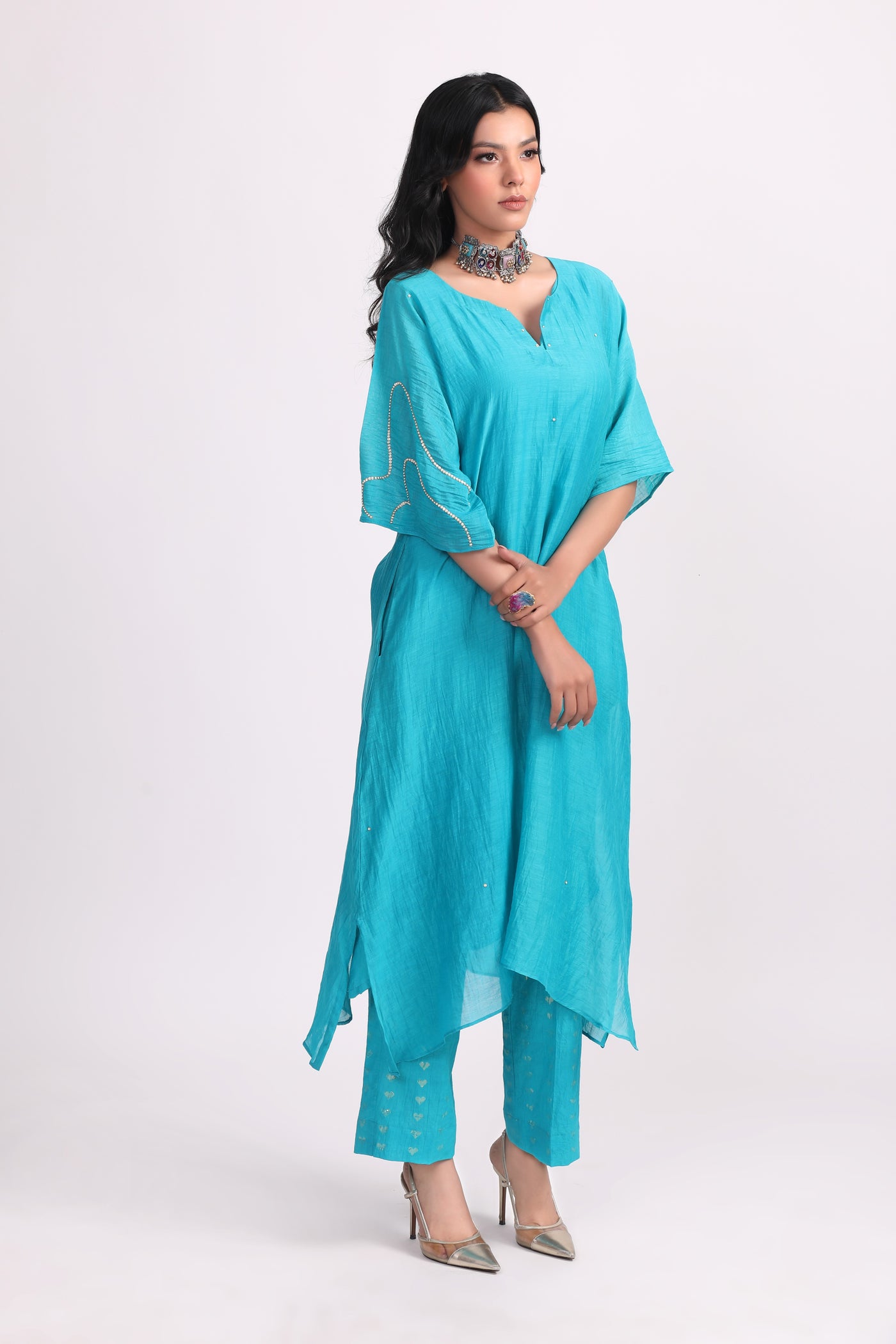 Turquoise Hand Embroidered Chanderi Kurta Set - Set of 2