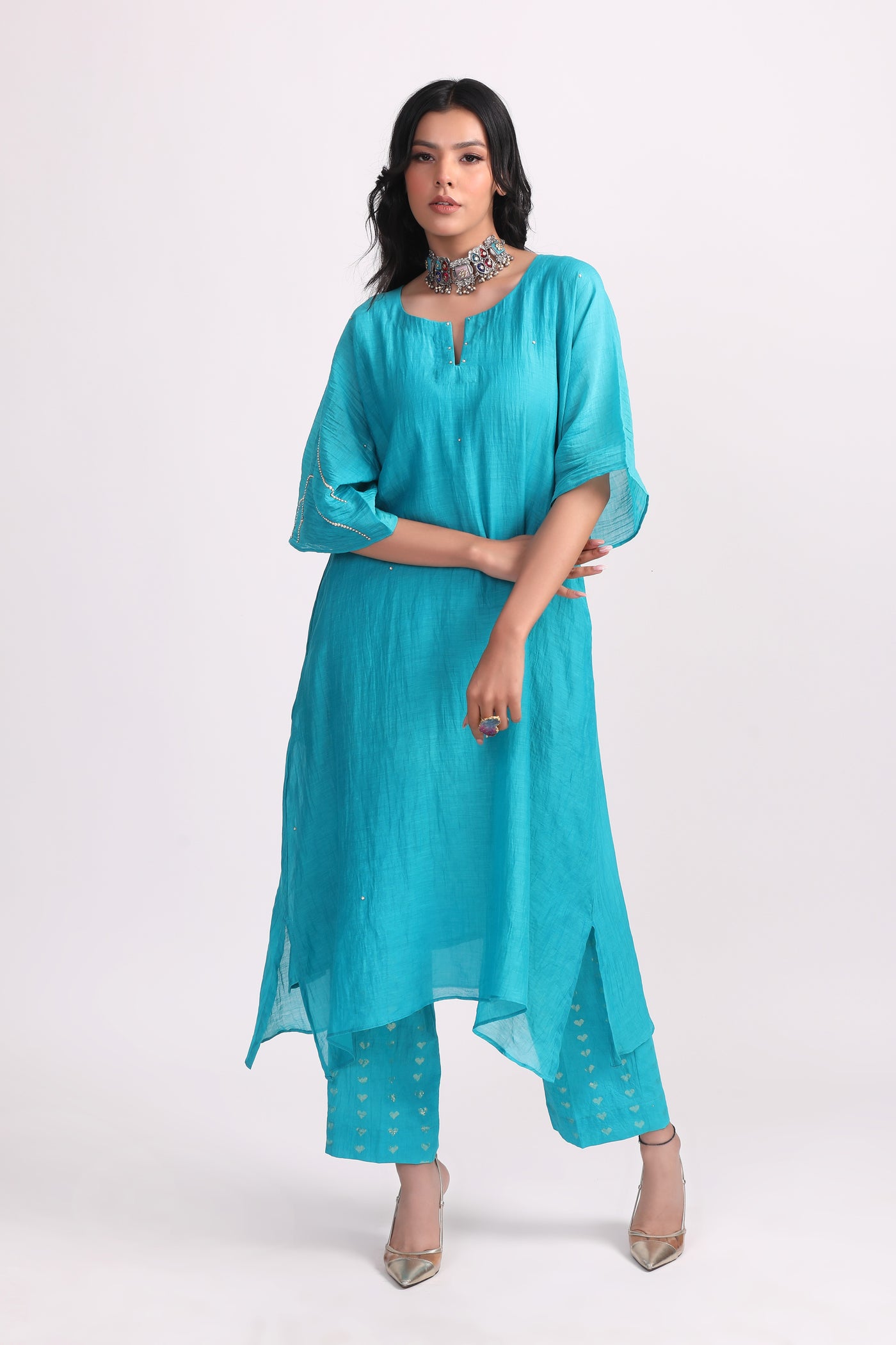 Turquoise Hand Embroidered Chanderi Kurta Set - Set of 2