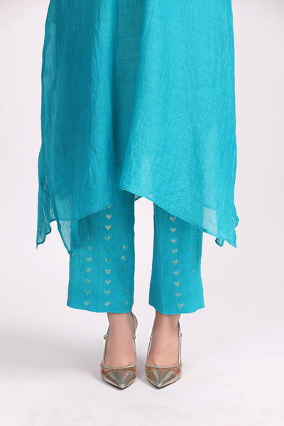 Turquoise Hand Embroidered Chanderi Kurta Set - Set of 2