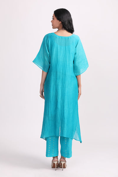 Turquoise Hand Embroidered Chanderi Kurta Set - Set of 2