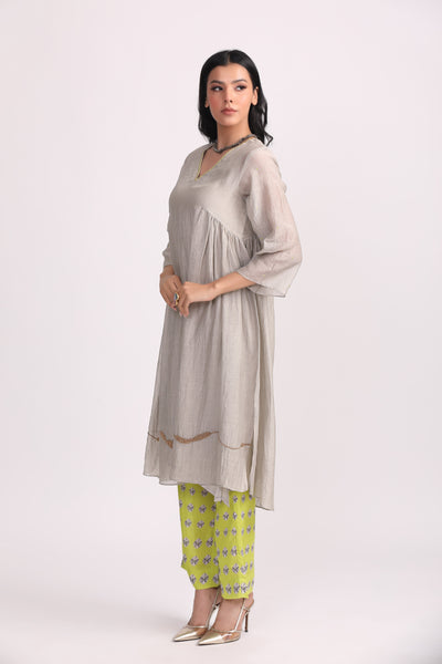 Pastel Grey Hand Embroidered Chanderi Suit Set