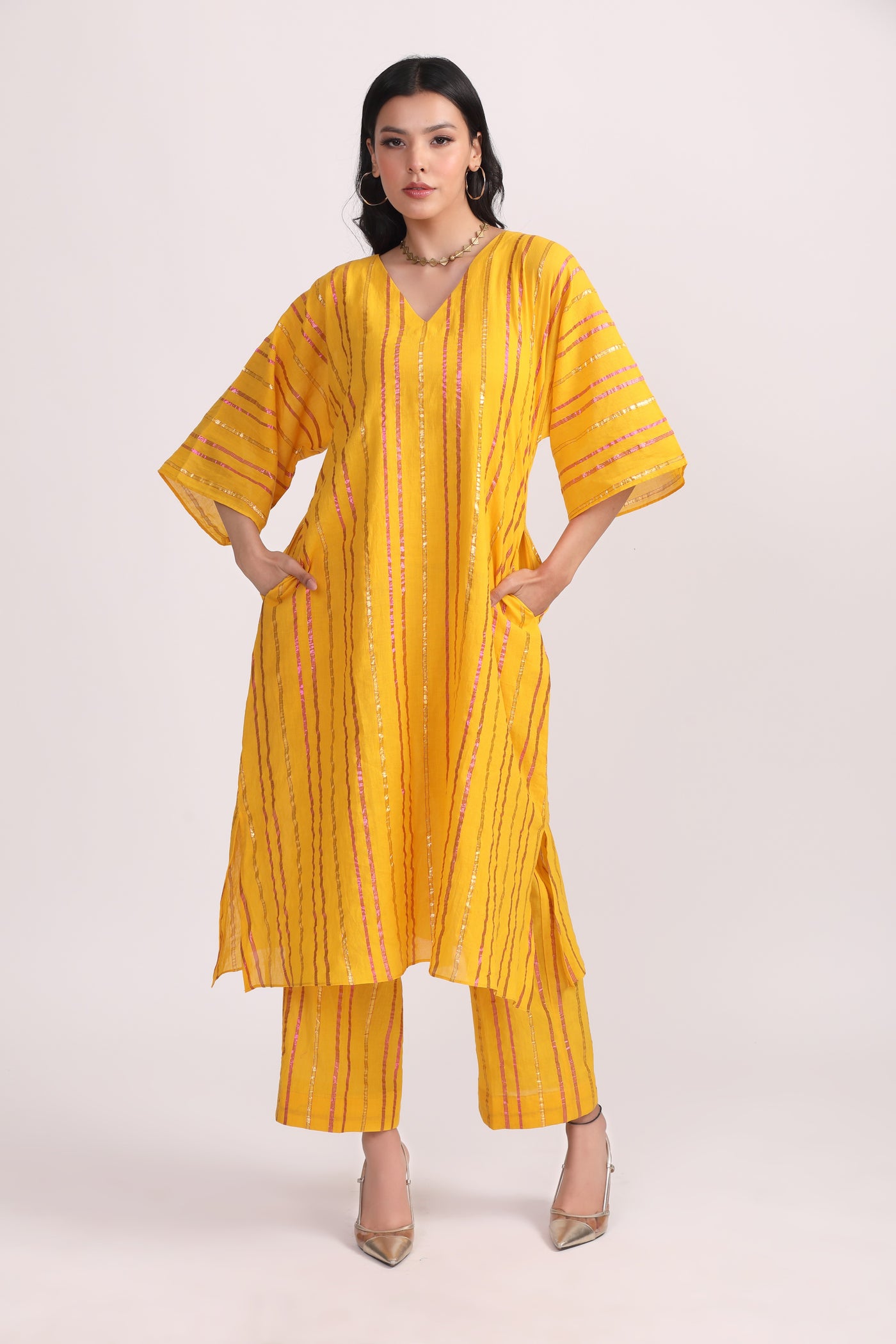 Mustard Cotton Lurex Kurta Set (Set of 2)