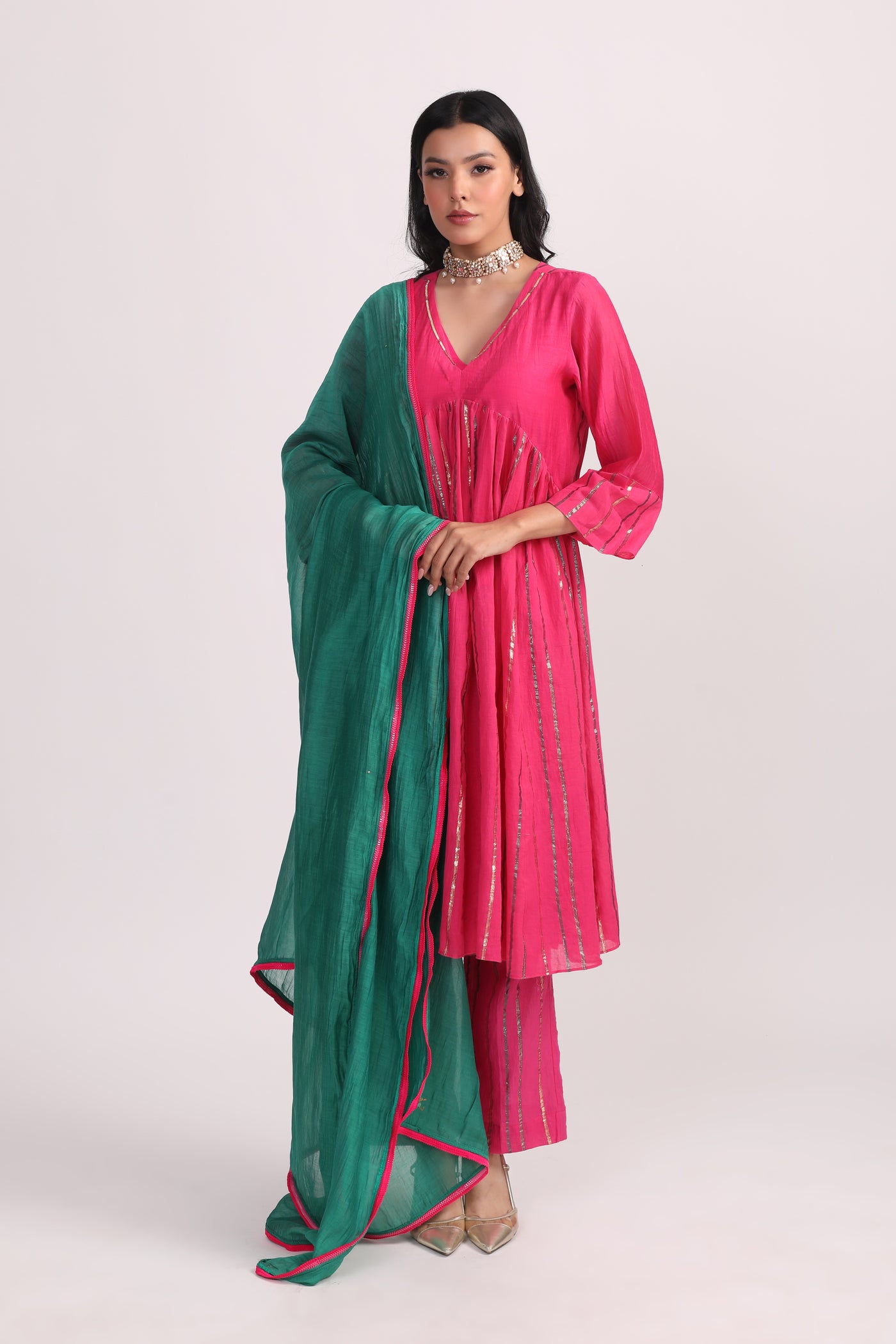 Pink Cotton Lurex Hand Embroidered Kurta Set- Set of 2