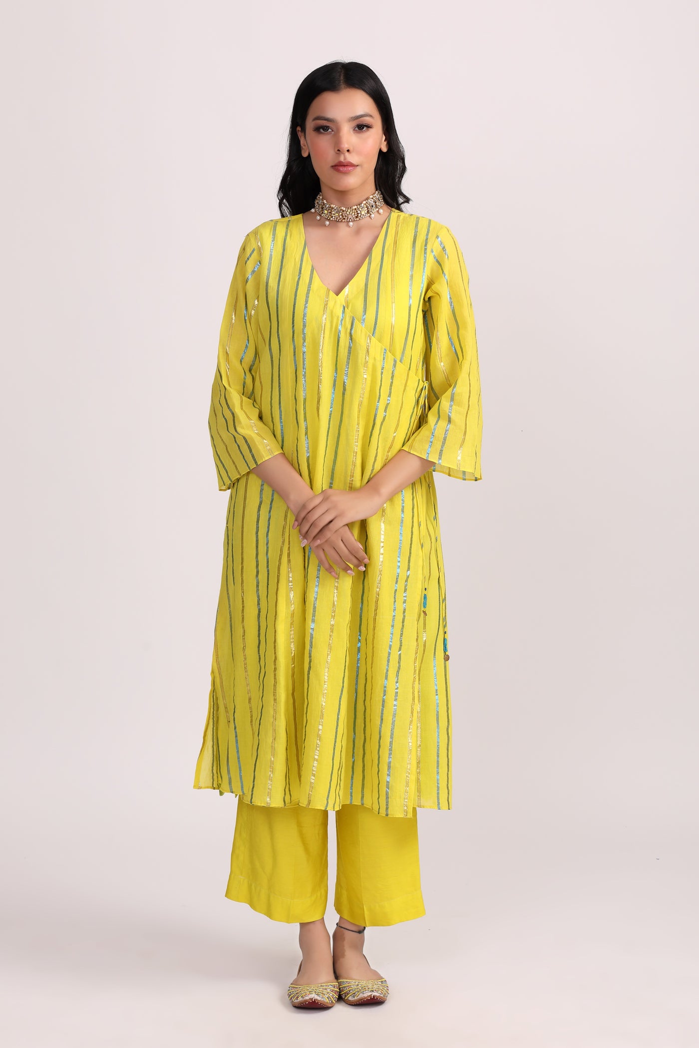 Neon Green Cotton Lurex Angrakha Kurta Set - Set of 2