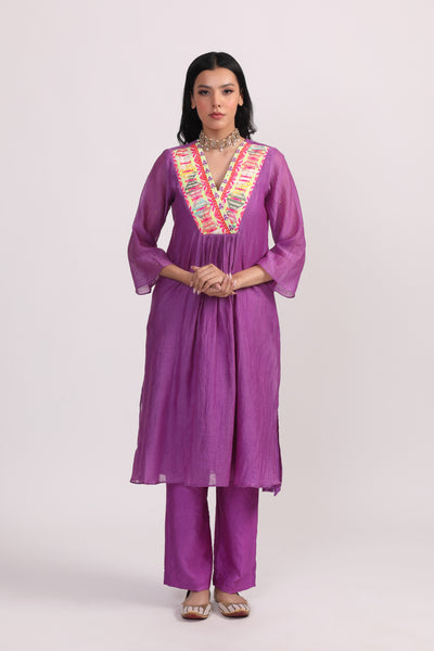 Sky Purple Boho Patch Work Chanderi Kurta Set