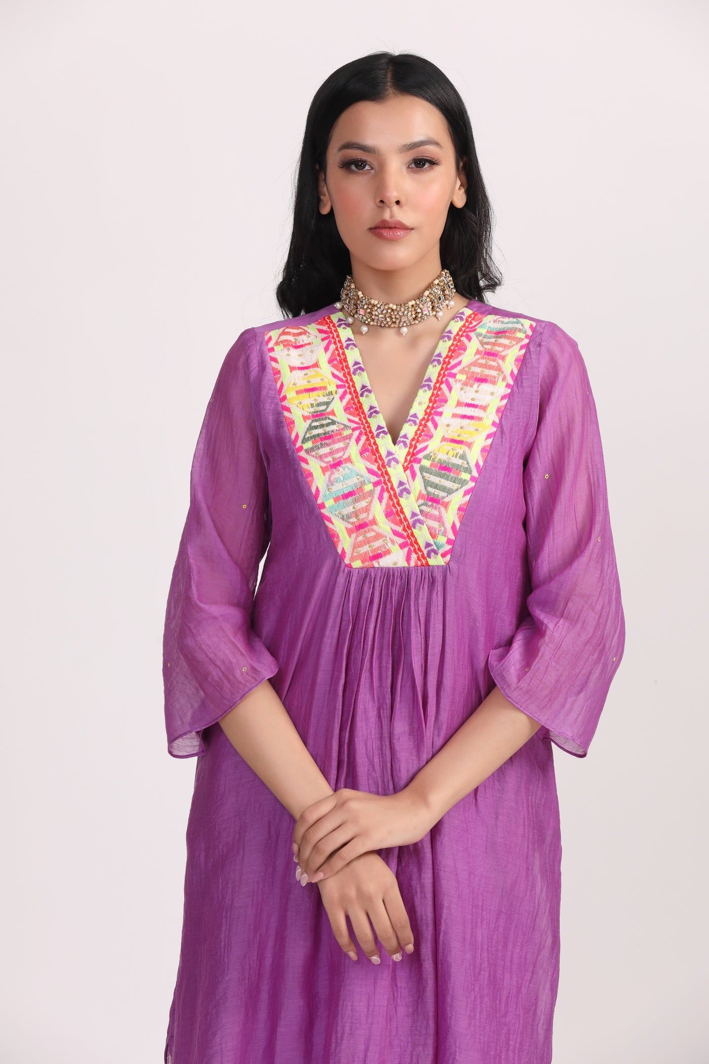 Sky Purple Boho Patch Work Chanderi Kurta Set