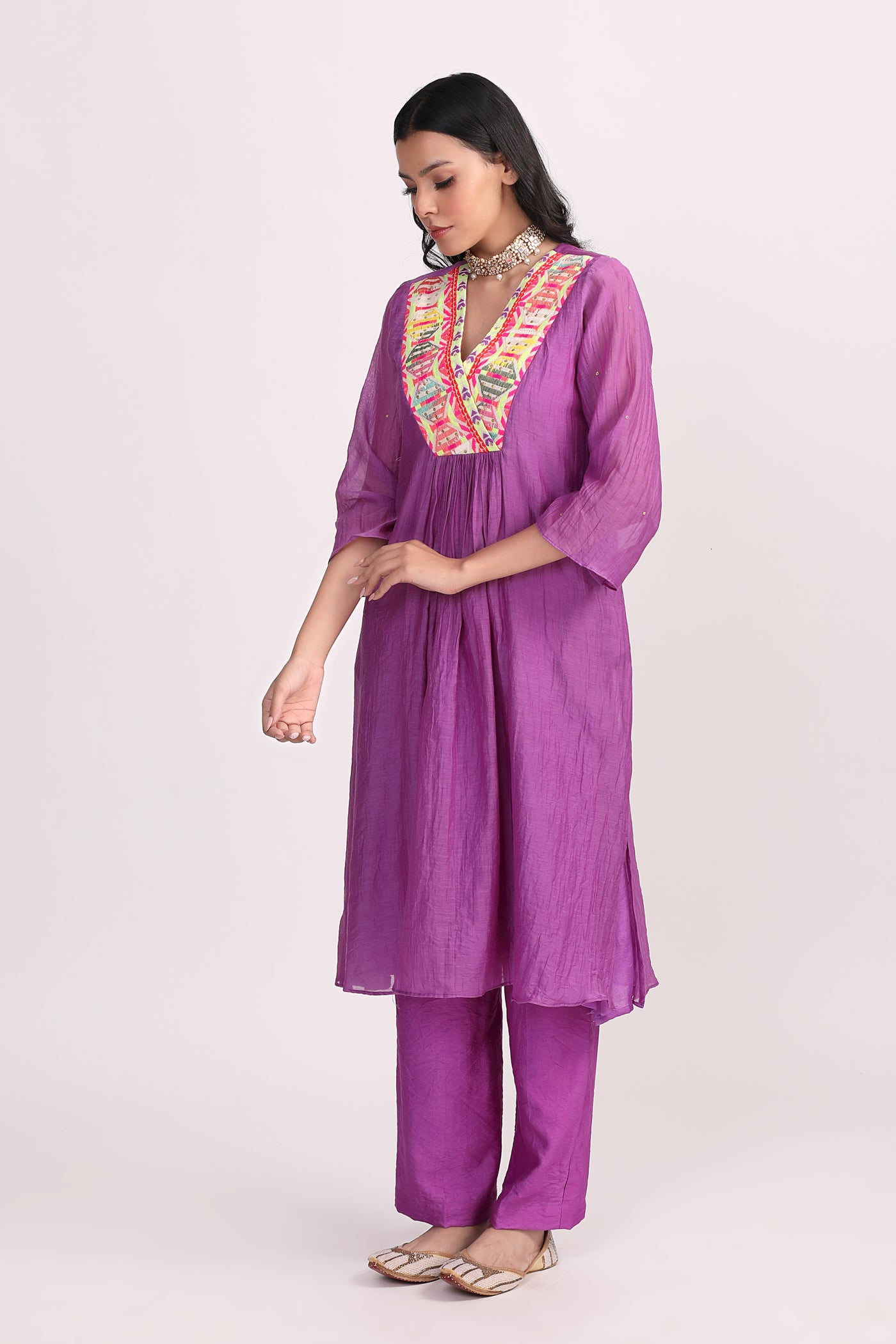 Sky Purple Boho Patch Work Chanderi Kurta Set