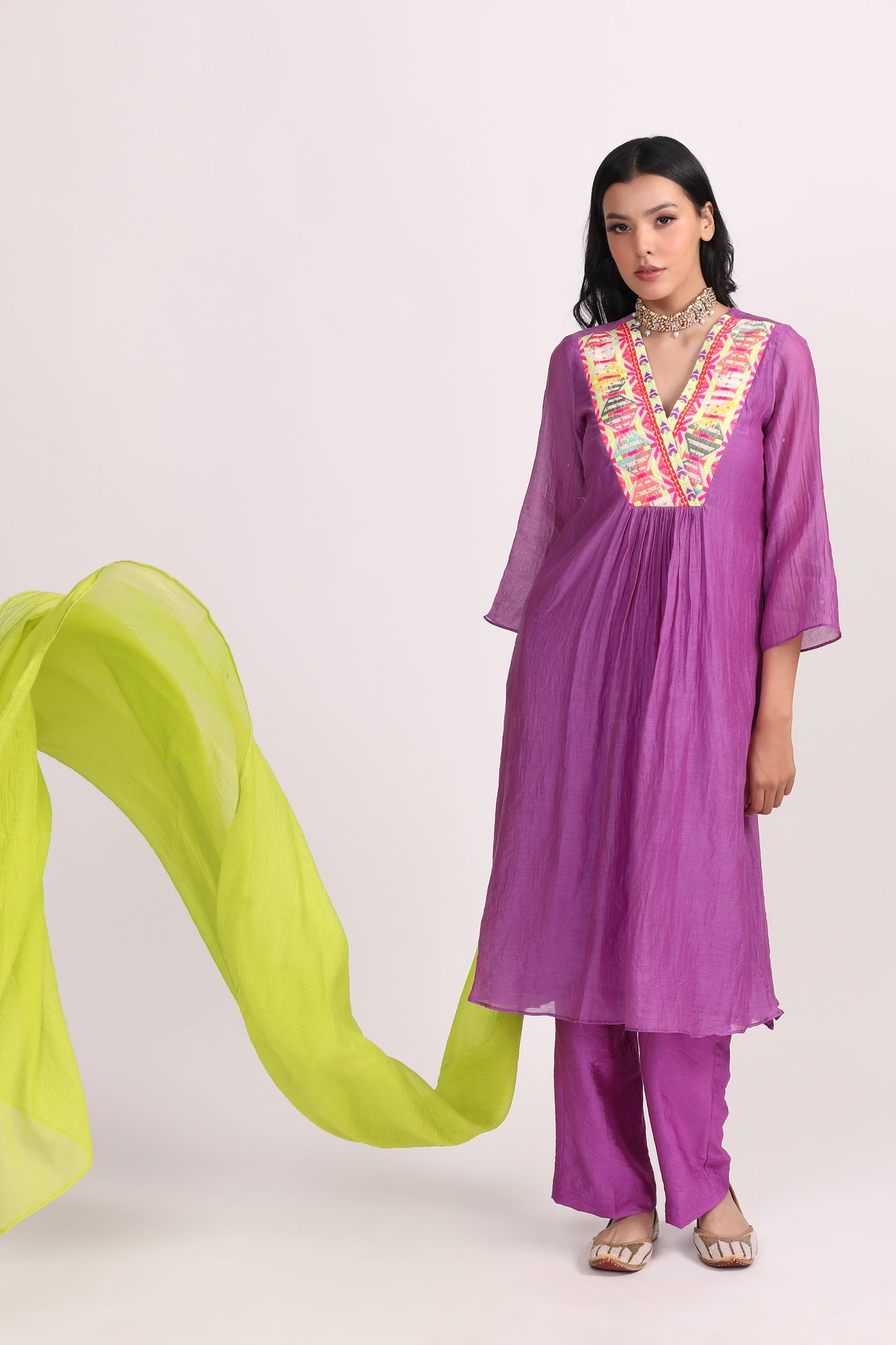 Sky Purple Boho Patch Work Chanderi Kurta Set