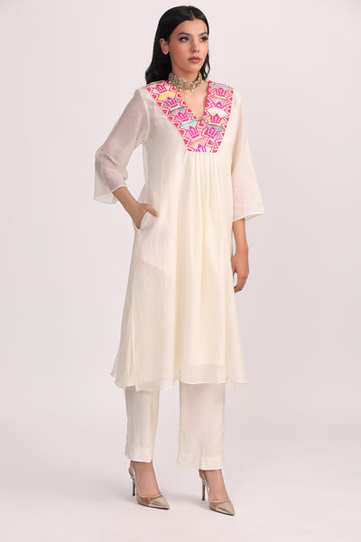 Ivory Boho Patch Work Chanderi Kurta Set