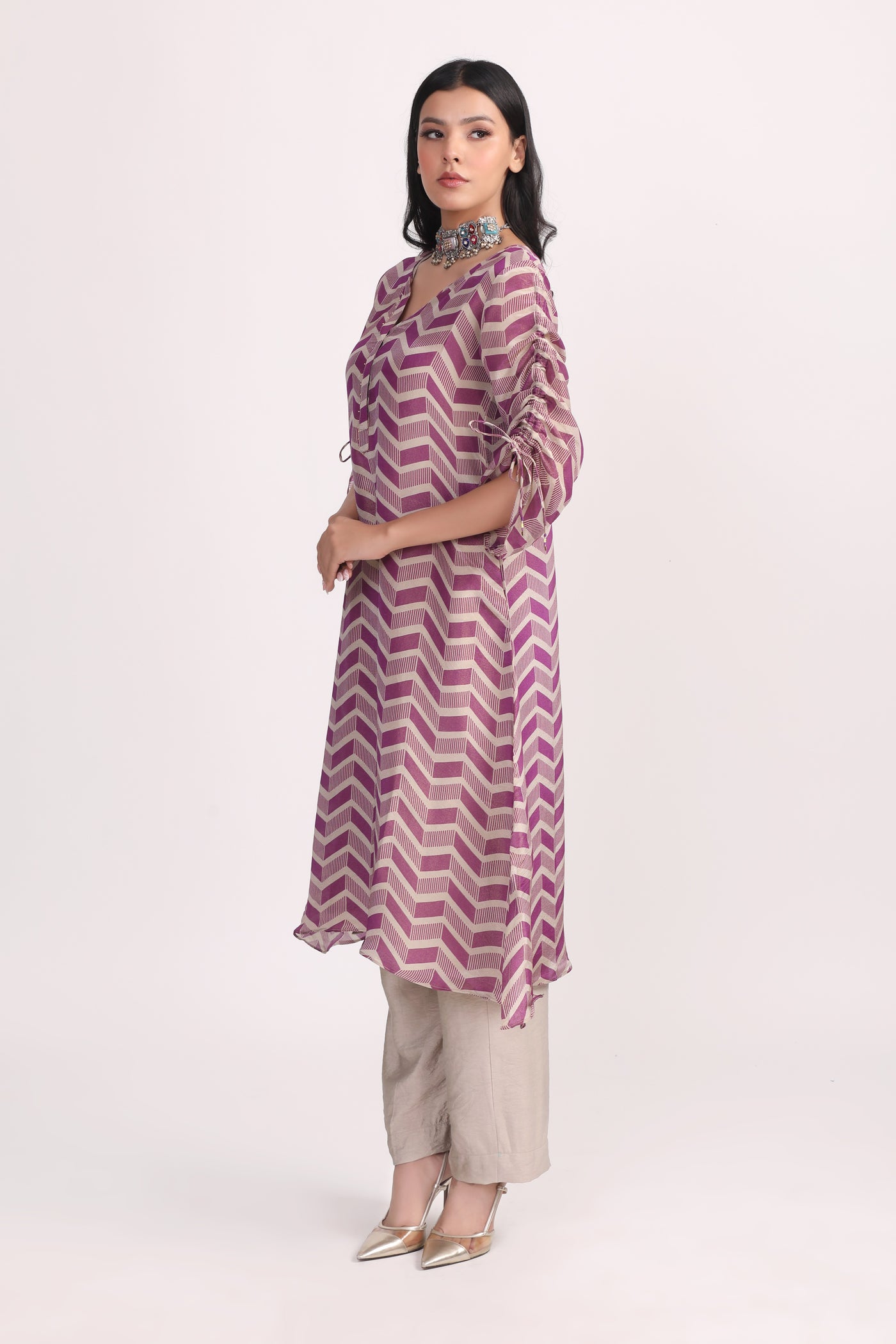 Purple Printed Silk Tissue Kurta Set - Set of 2