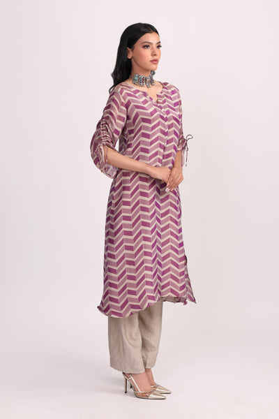 Purple Printed Silk Tissue Kurta Set - Set of 2