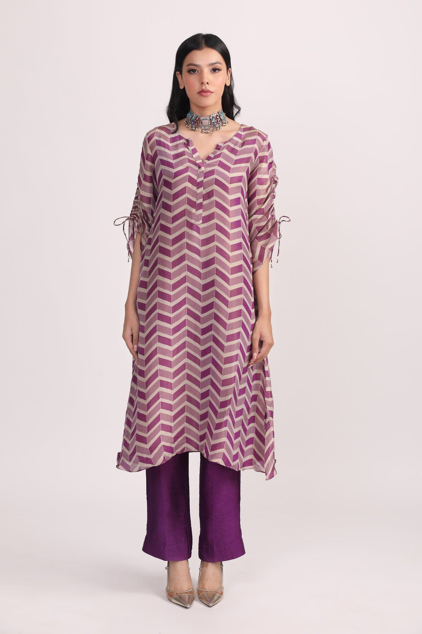 Purple Printed Silk Tissue Kurta Set - Set of 2