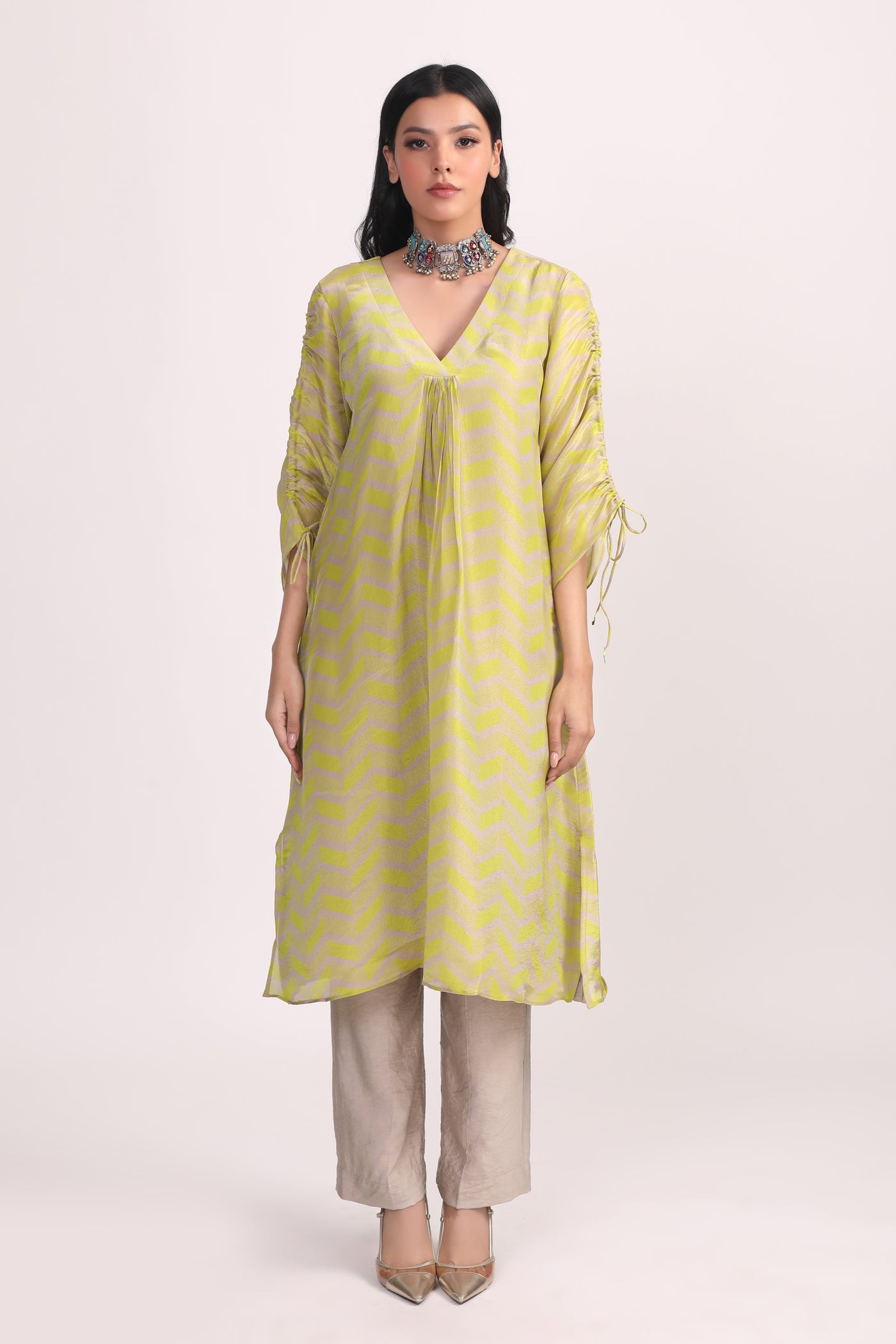 Lime-Green Grey Printed Silk Tissue Kurta Set