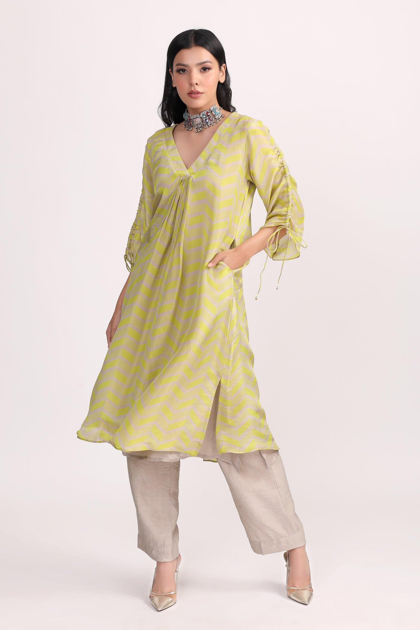 Lime-Green Grey Printed Silk Tissue Kurta Set