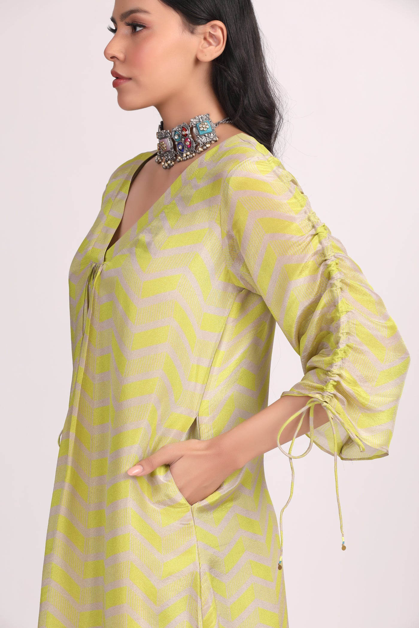 Lime-Green Grey Printed Silk Tissue Kurta Set