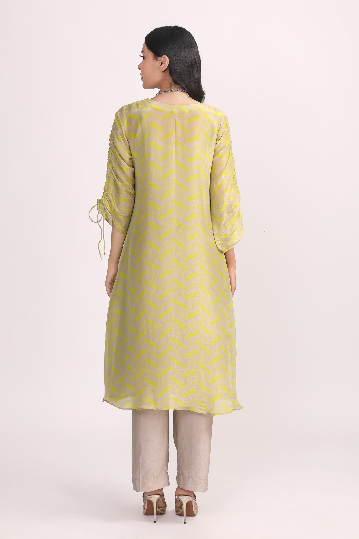 Lime-Green Grey Printed Silk Tissue Kurta Set