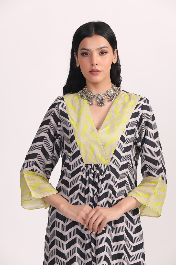 Black White Neon Patch Work Kurta Set