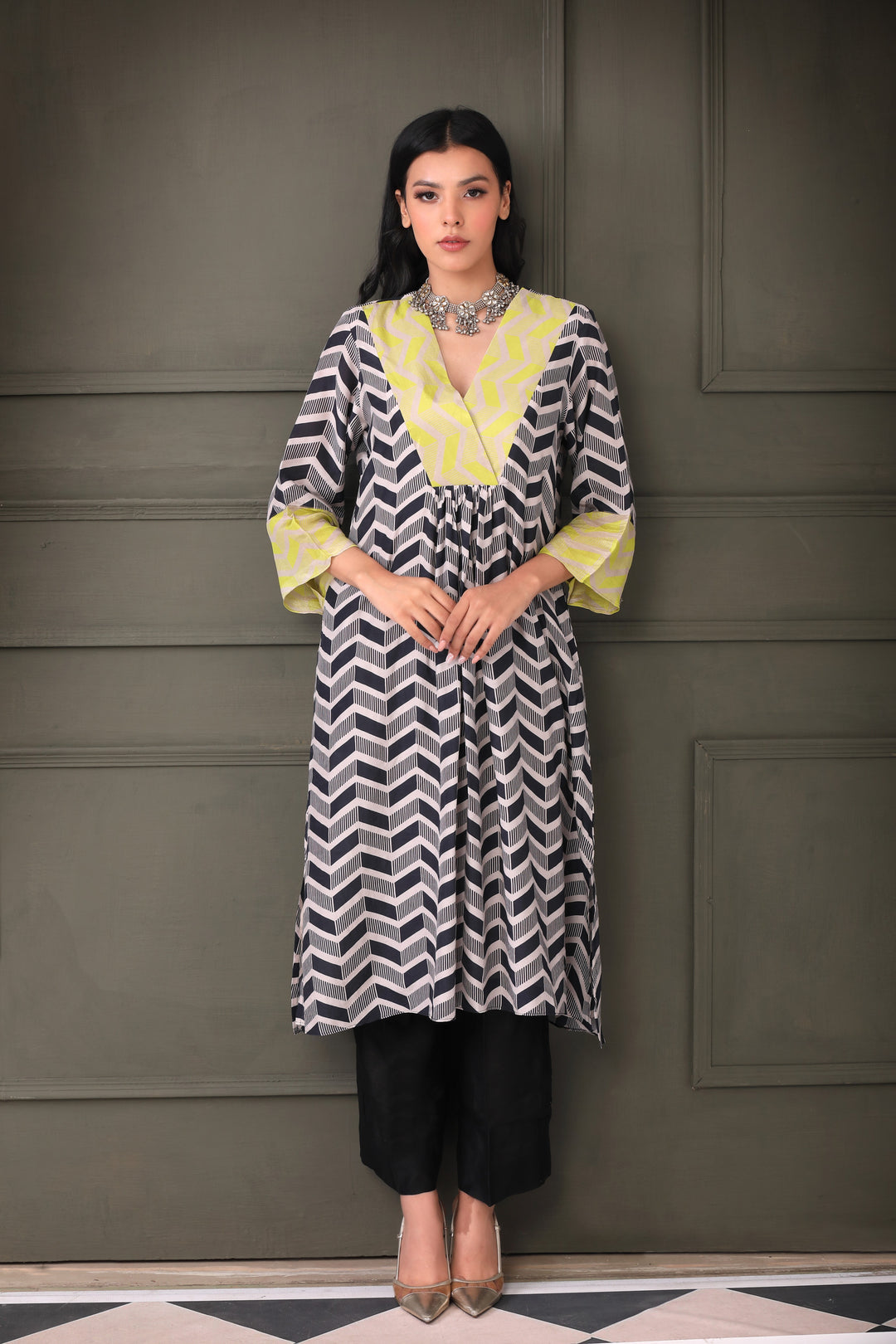Black White Neon Patch Work Kurta Set