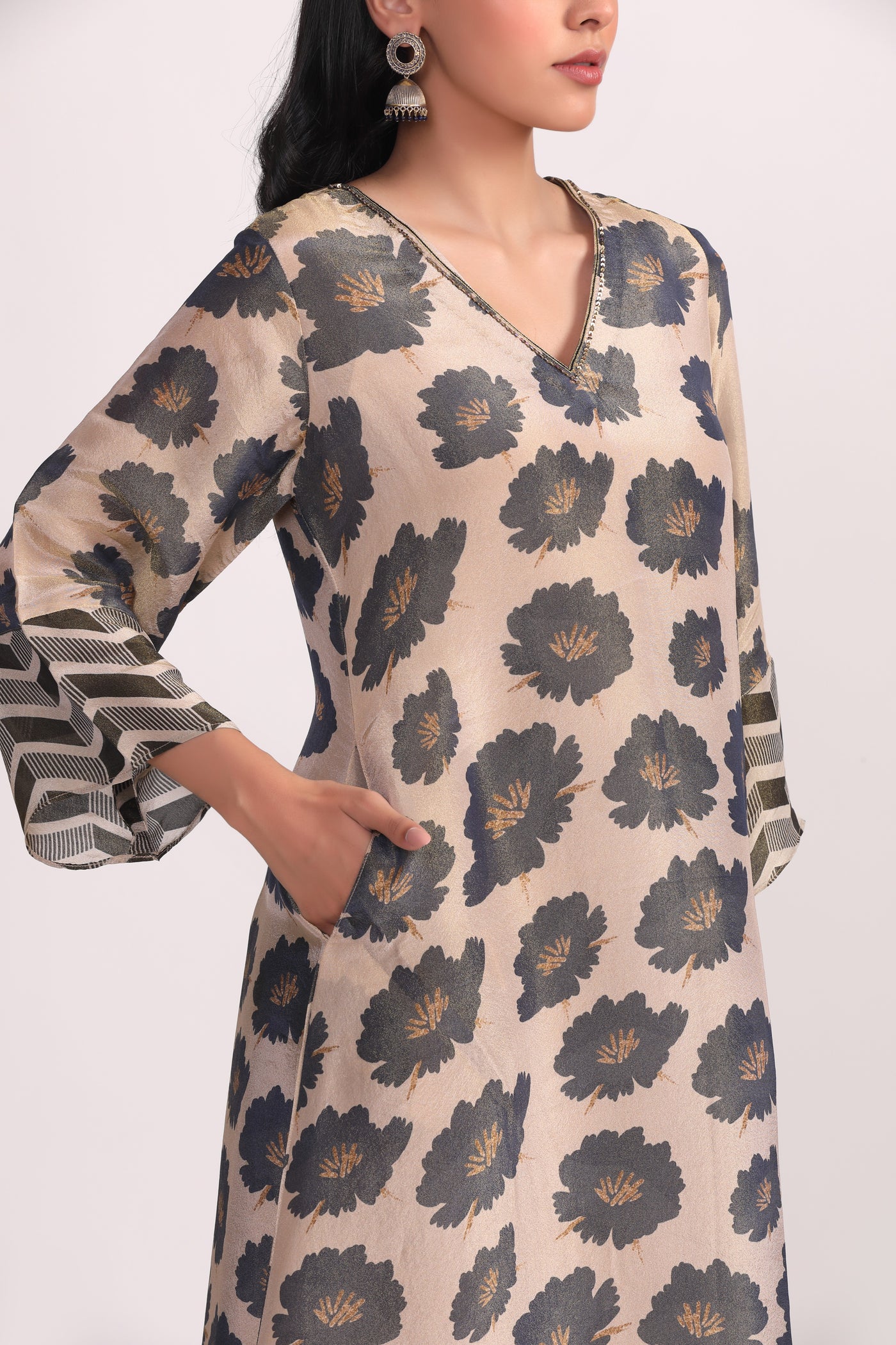 Black Printed Silk Tissue Kurta Set