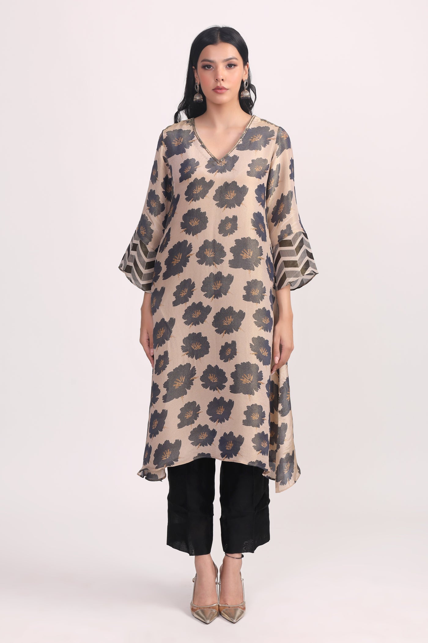 Black Printed Silk Tissue Kurta Set