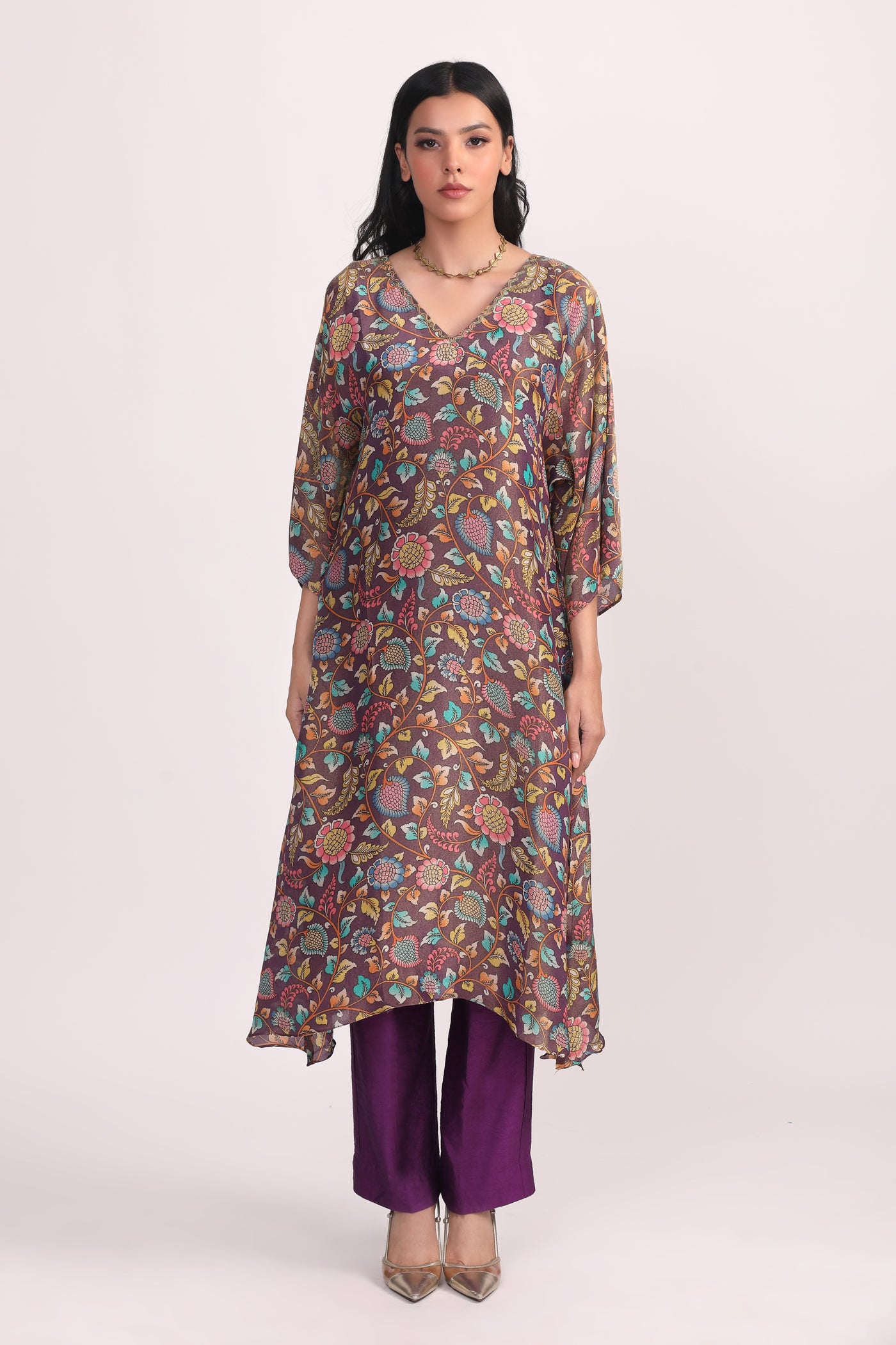 Purple Printed Multi Flower Silk Tissue Kurta Set- Set of 2