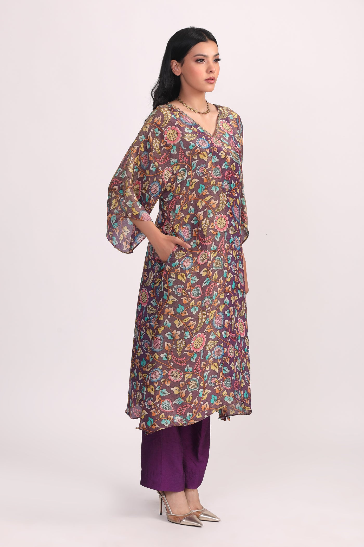 Purple Printed Multi Flower Silk Tissue Kurta Set- Set of 2