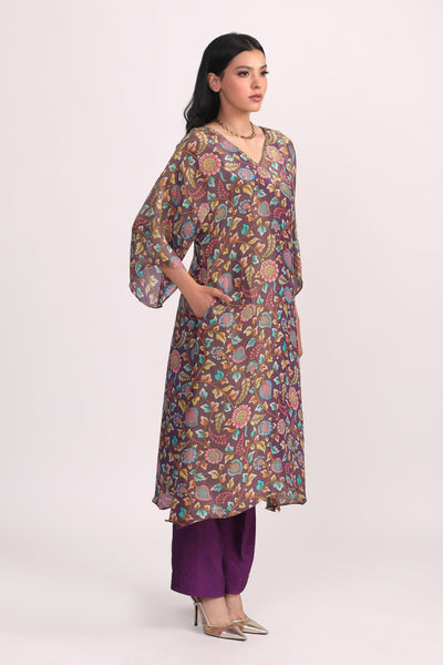 Purple Printed Multi Flower Silk Tissue Kurta Set- Set of 2