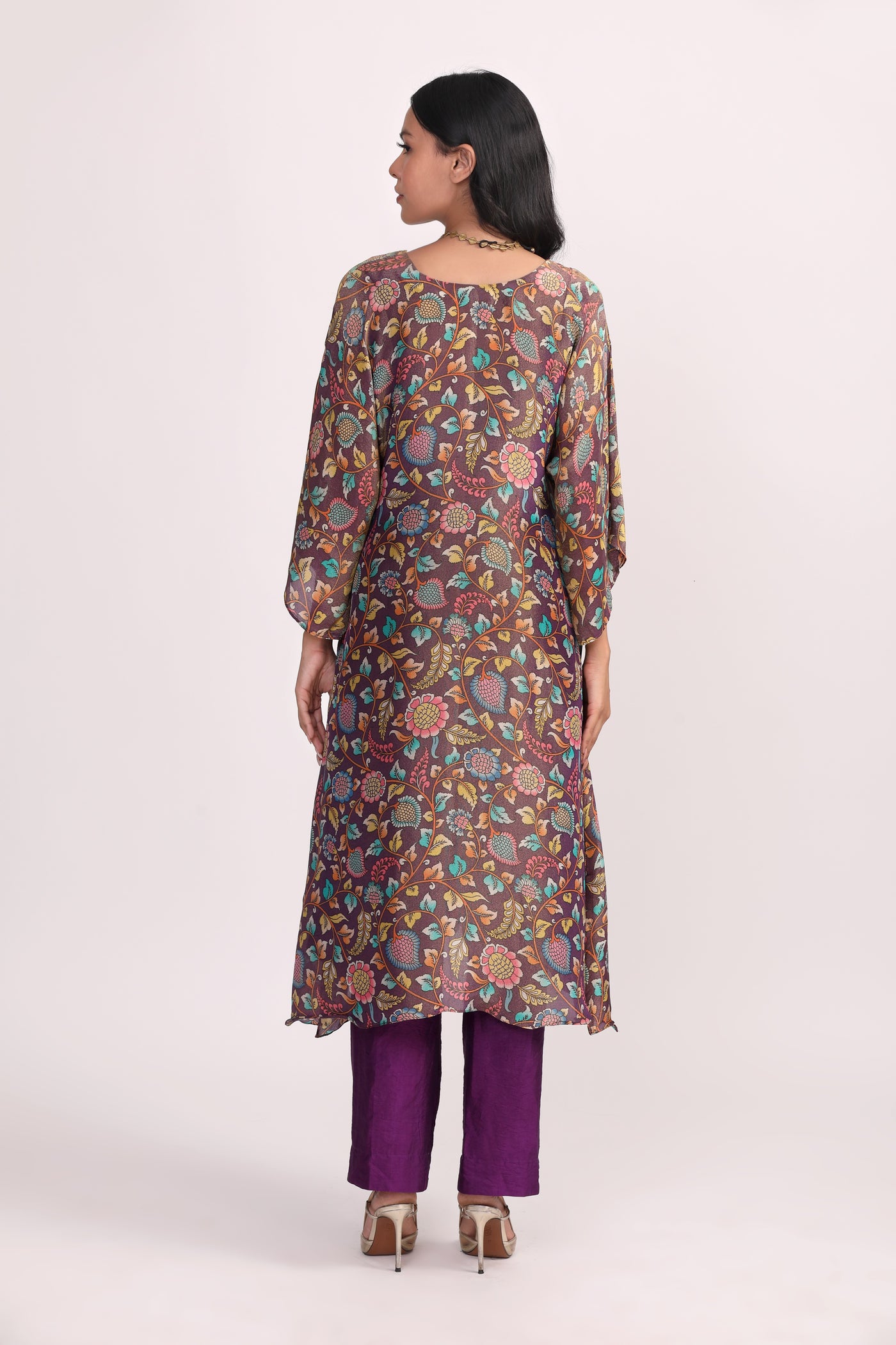 Purple Printed Multi Flower Silk Tissue Kurta Set- Set of 2