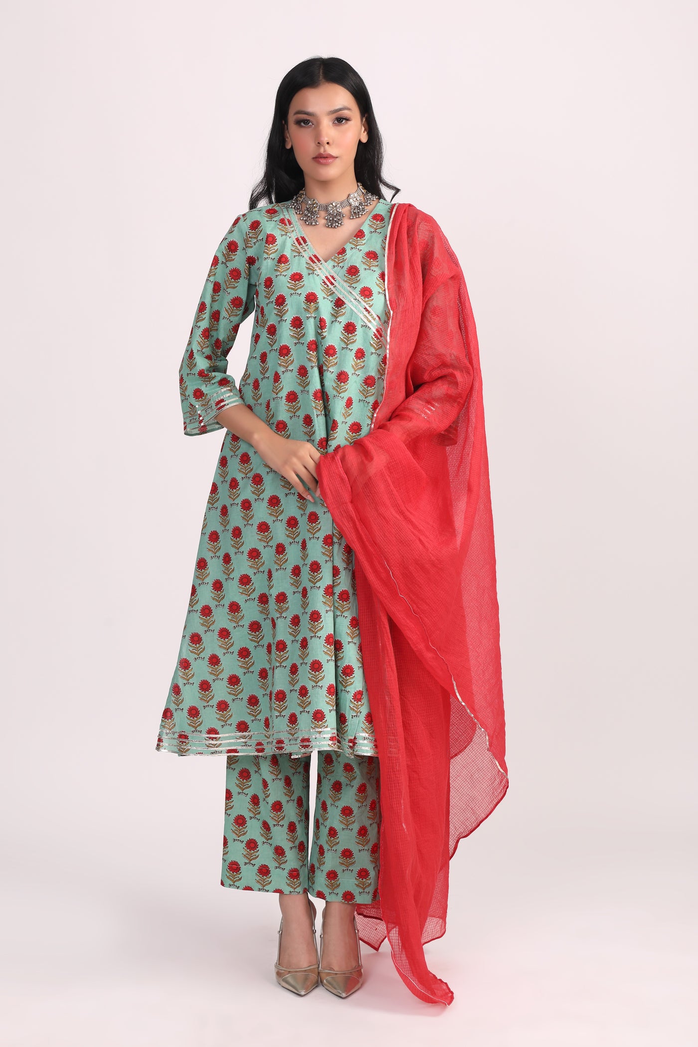 Green Red Hand Block Cotton Angrakha Suit Set