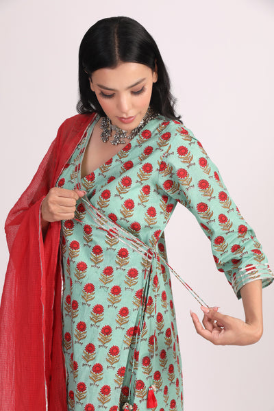 Green Red Hand Block Cotton Angrakha Suit Set