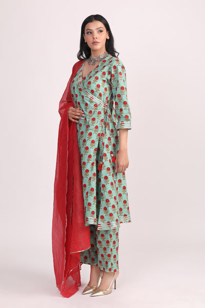 Green Red Hand Block Cotton Angrakha Suit Set