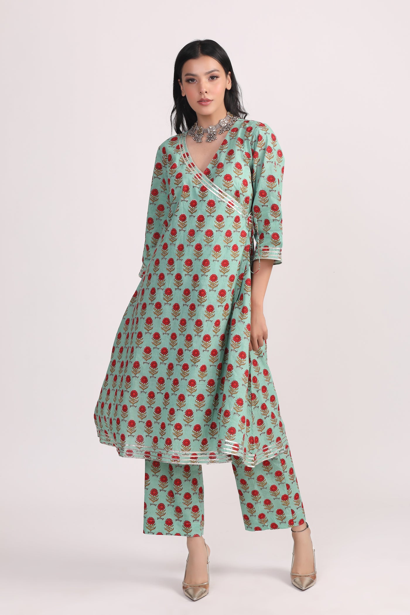 Green Red Hand Block Cotton Angrakha Suit Set