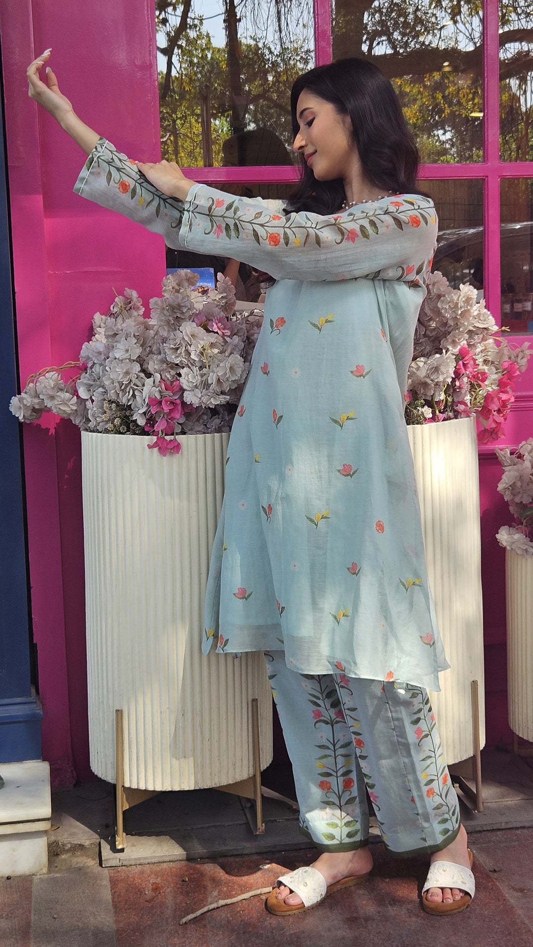 PEONY ICE BLUE V-NECK PRINTED COORD SET