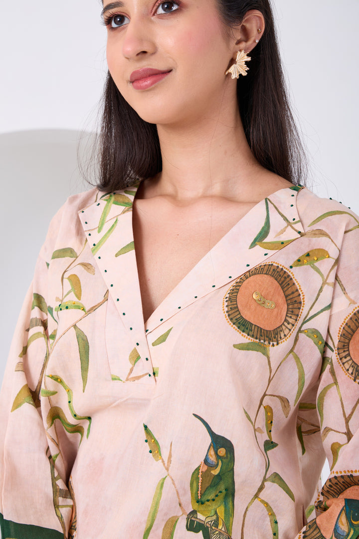 Peach Montane Bird Kurta Set