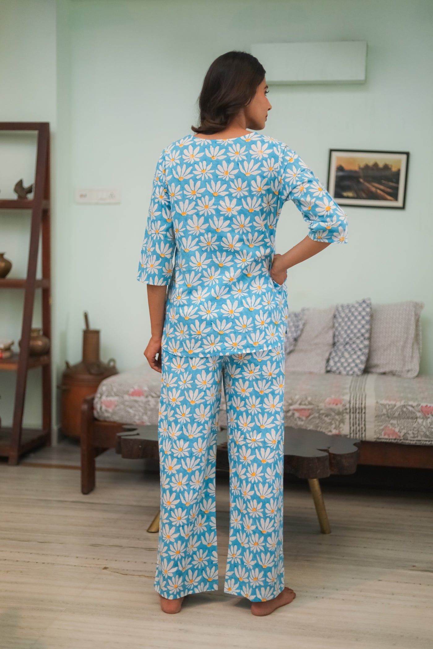Sootisyahi 'Floral Blue' Handblock Printed Pure Cotton Night Suit