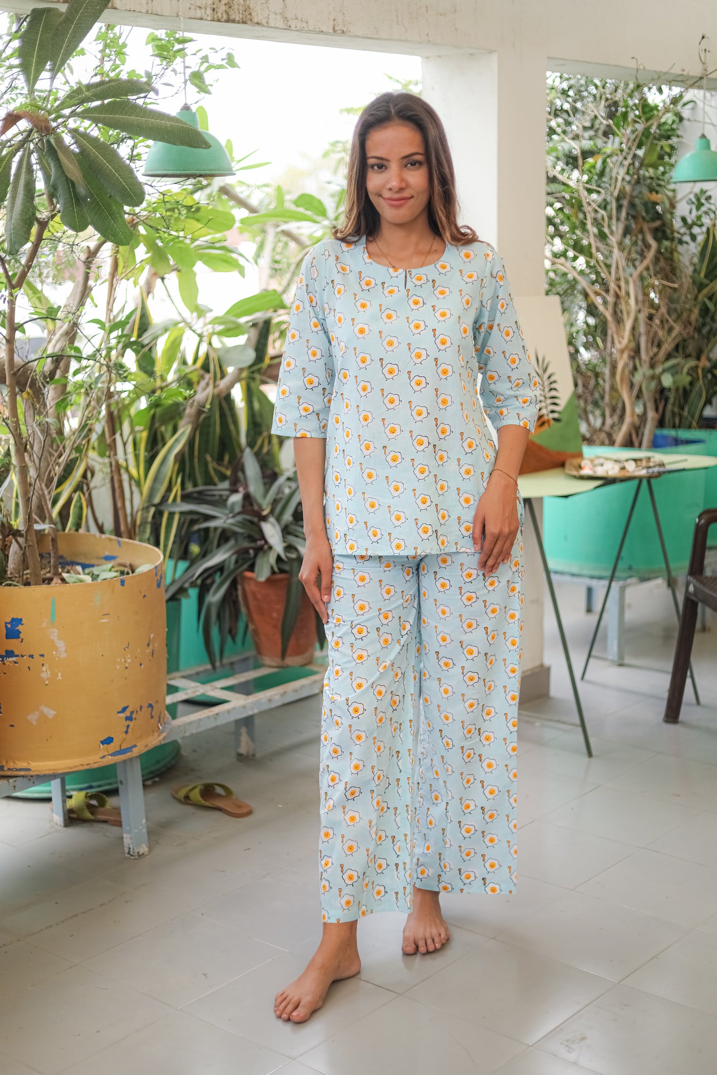 Sootisyahi 'Pastel Omelet' Handblock Printed Pure Cotton Night Suit