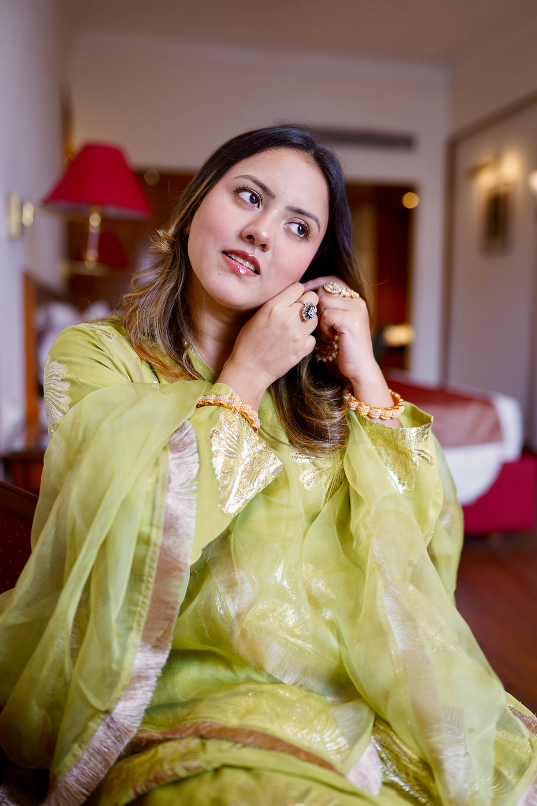 Mint Green Hand Embroidered Jacquard Kurta with Silk Chanderi Pants