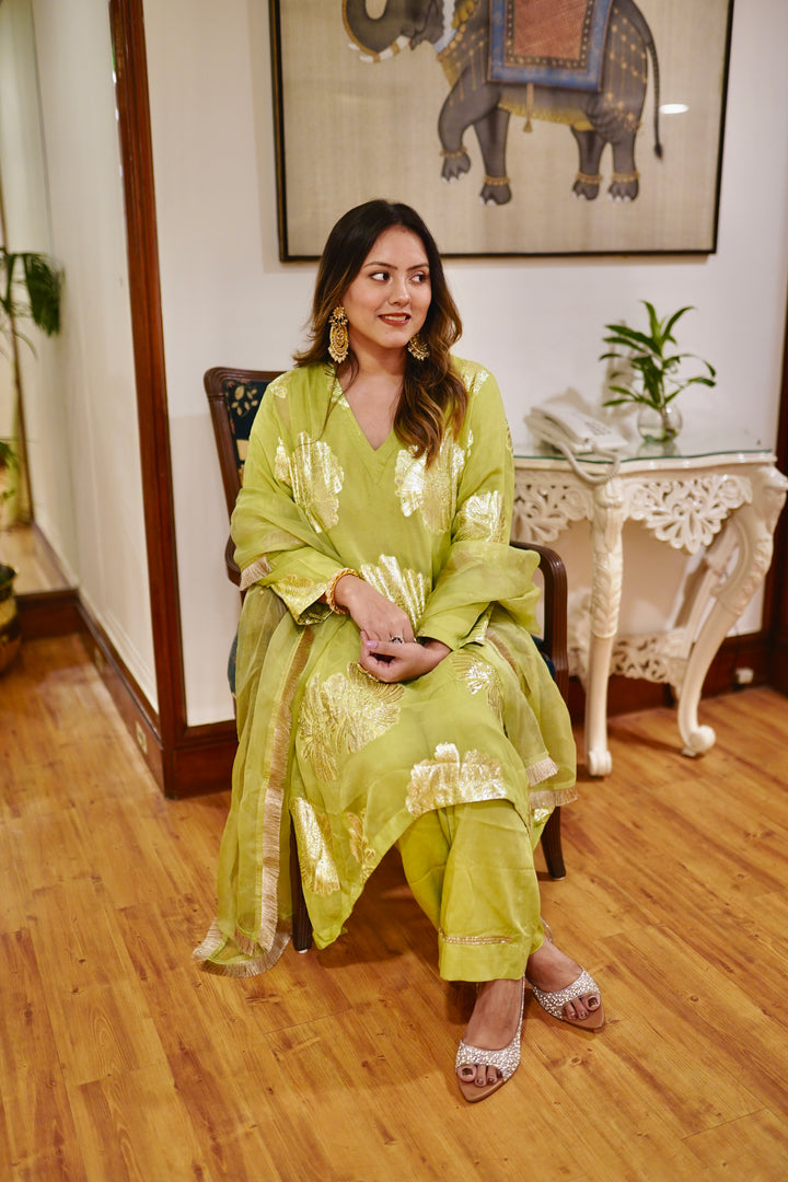 Mint Green Hand Embroidered Jacquard Kurta with Silk Chanderi Pants