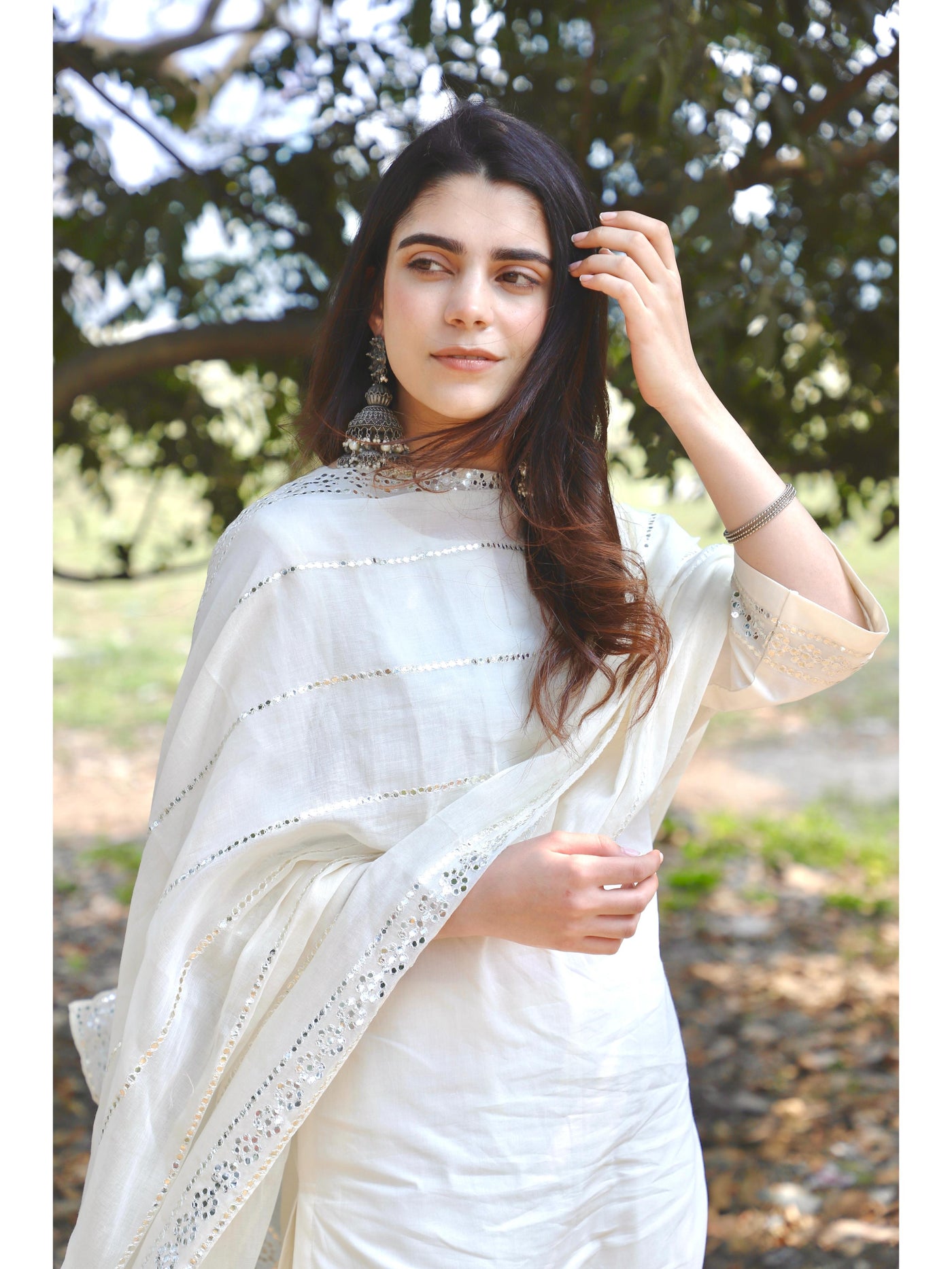 OFFWHITE COTTON MIRROR WORK DUPATTA KURTA SET