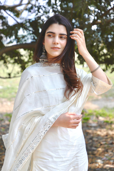OFFWHITE COTTON MIRROR WORK DUPATTA KURTA SET