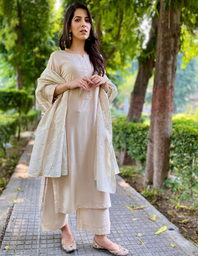 FAWN MIRROR WORK CHANDERI DUPATTA KURTA SET