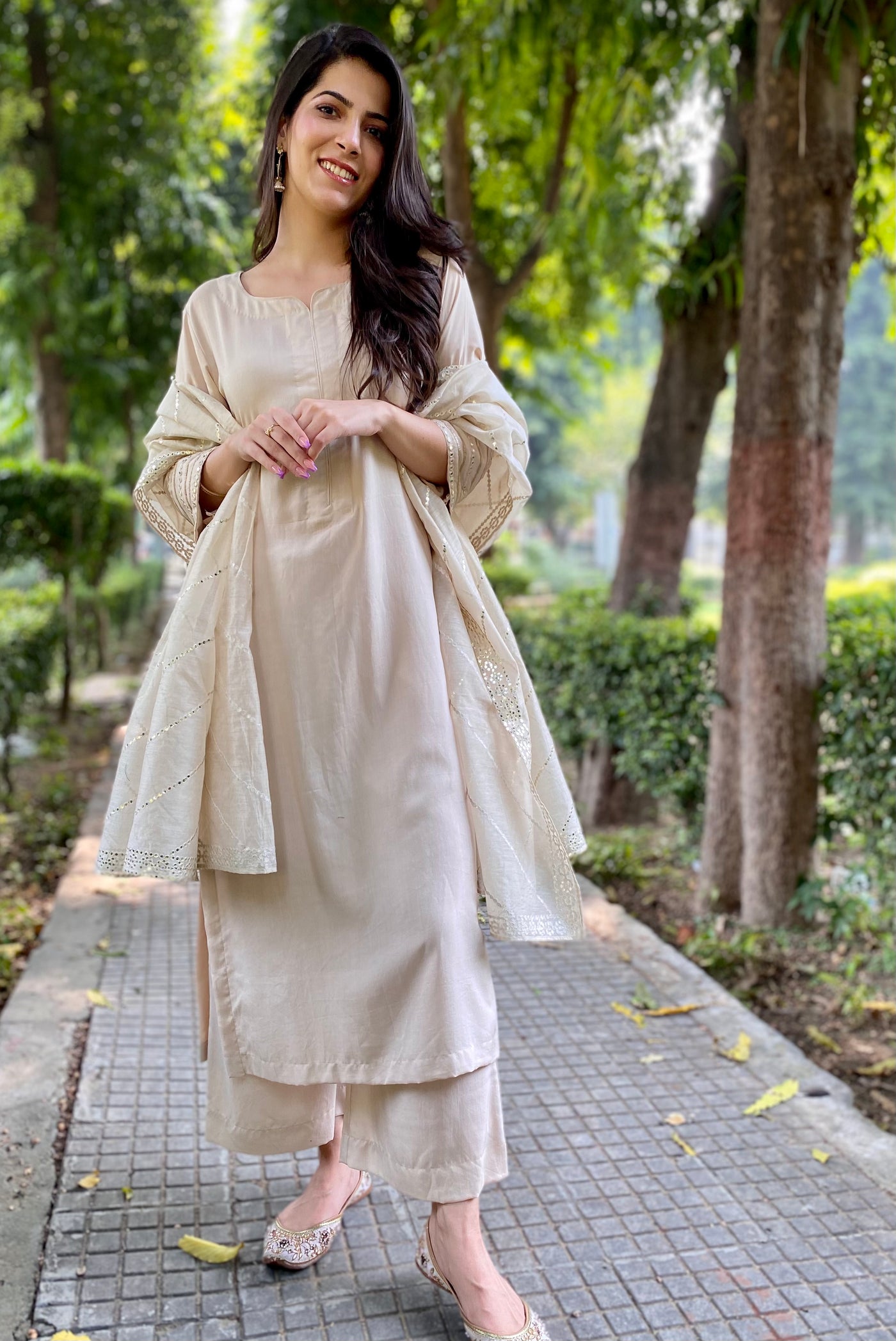 FAWN MIRROR WORK CHANDERI DUPATTA KURTA SET