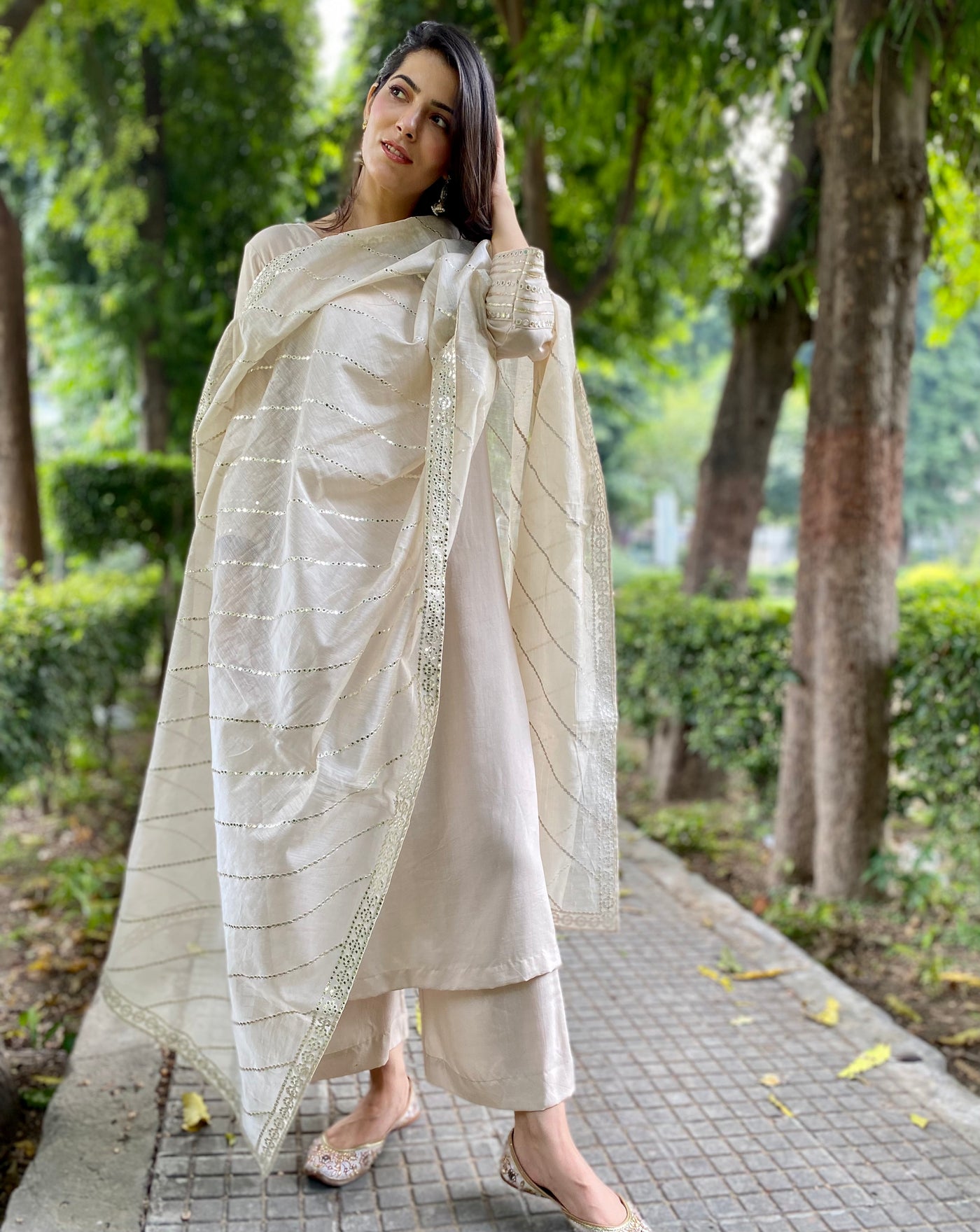 FAWN MIRROR WORK CHANDERI DUPATTA KURTA SET