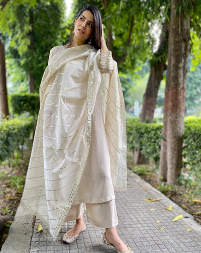 FAWN MIRROR WORK CHANDERI DUPATTA KURTA SET