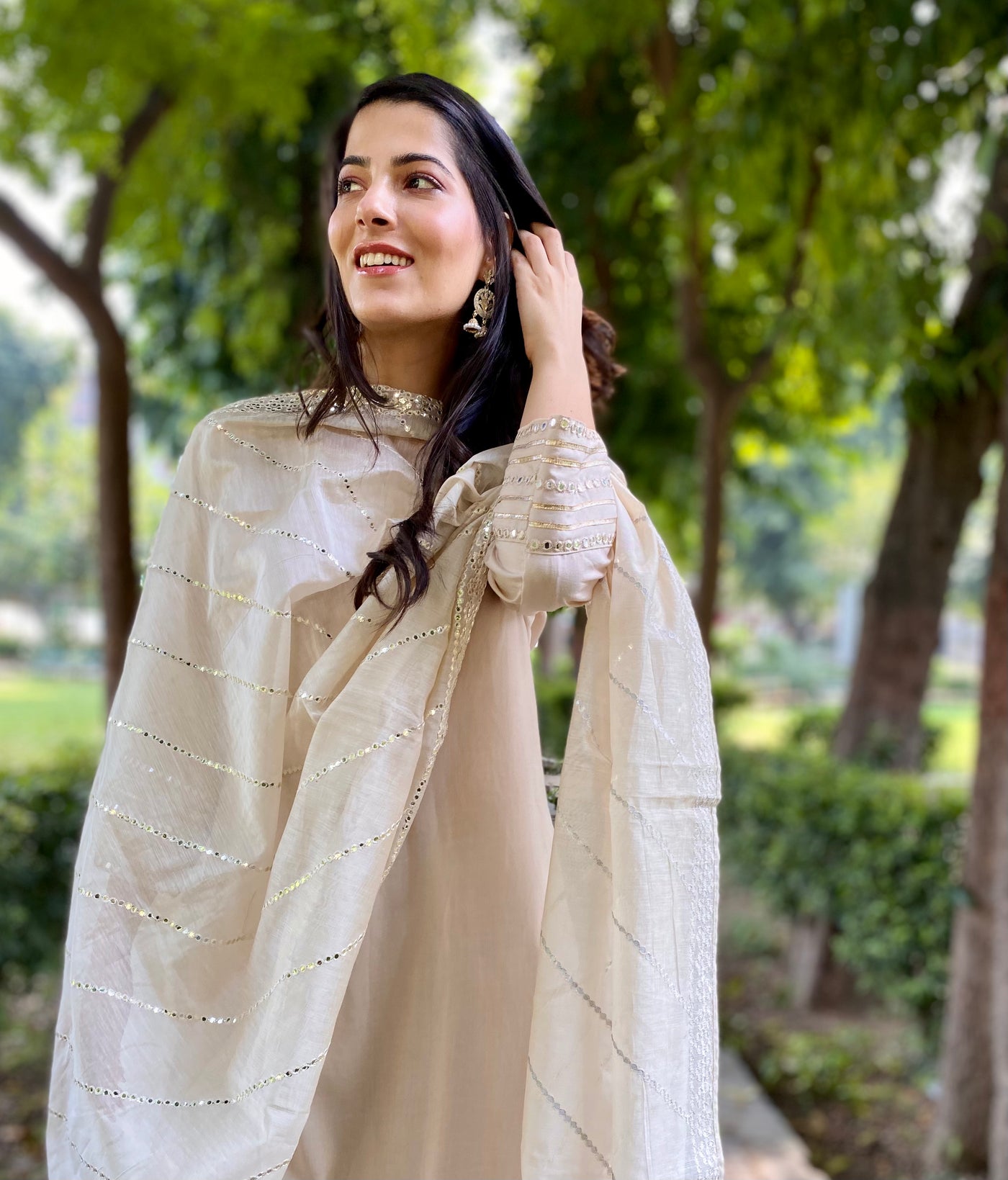 FAWN MIRROR WORK CHANDERI DUPATTA KURTA SET